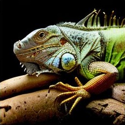 Generated sample: an iguana on a log